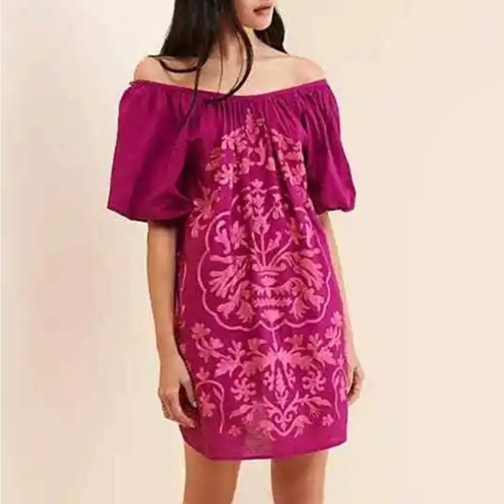 Anthropologie Free People Fiona heavily Embroidered Mini Dress in Bright Plum S